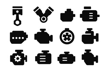 Various vector icons of automotive engine components and symbols in a minimalist design suitable for automotive graphics