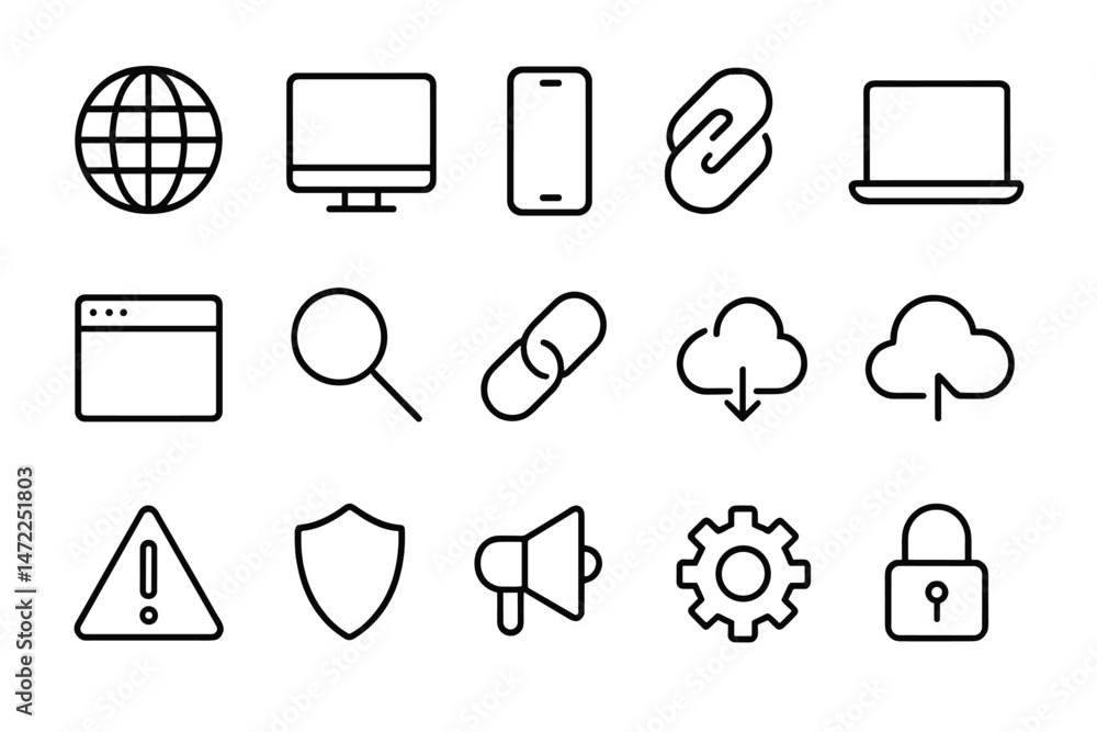 Poster vector icon set featuring technology and security elements for digital communication and data manage