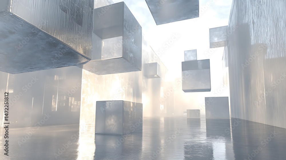 Poster abstract 3d composition with floating geometrical forms, creating a serene futuristic atmosphere
