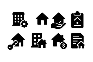 Vector icons representing various aspects of real estate, including buildings, homes, and property management tools