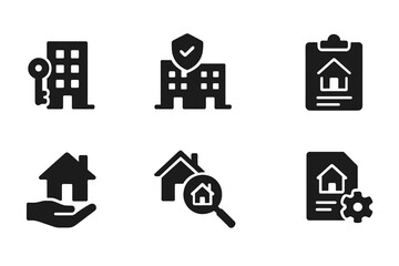 Modern vector icons representing real estate concepts including keys, buildings, and property assessments