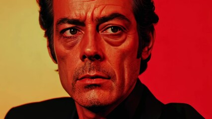 Stylized portrait of a serious man with vibrant dramatic lighting and vibrant background gradients. - Powered by Adobe