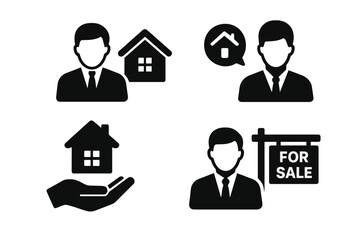 Real estate icons depicting agents, houses, and sale activities for property marketing and transactions