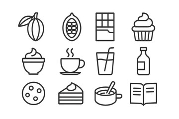 Vector icons showcasing dessert items, beverages, and ingredients in a minimalistic design for culinary themes and baking concepts