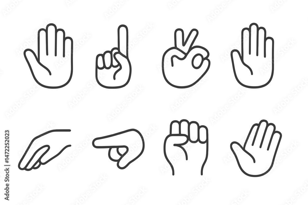 Poster hand gesture vector icons representing various communication forms in a minimalist design suitable f