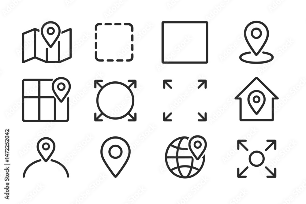 Poster collection of vector location icons showcasing various map and pin designs for digital navigation an
