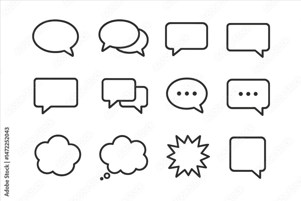 Poster chat bubbles vector icon set showcasing various styles and shapes for communication and messaging de