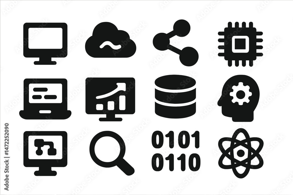 Poster collection of vector icons representing technology, data, and computing concepts for modern digital 