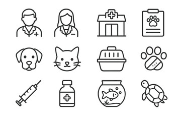 Vector icons depicting various elements of veterinary care including animals, medical supplies, and clinic settings