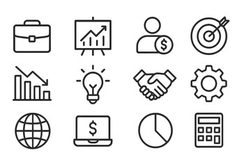 Vector icon set representing business concepts like finance, teamwork, and global economy in a minimalist style © Alan