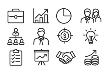 Collection of vector icons representing business concepts, growth, teamwork, and strategy for professional use