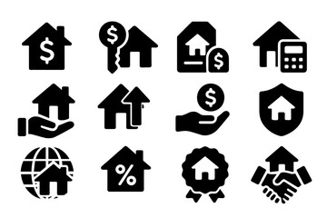 Collection of vector icons representing real estate concepts including housing, finance, and market growth