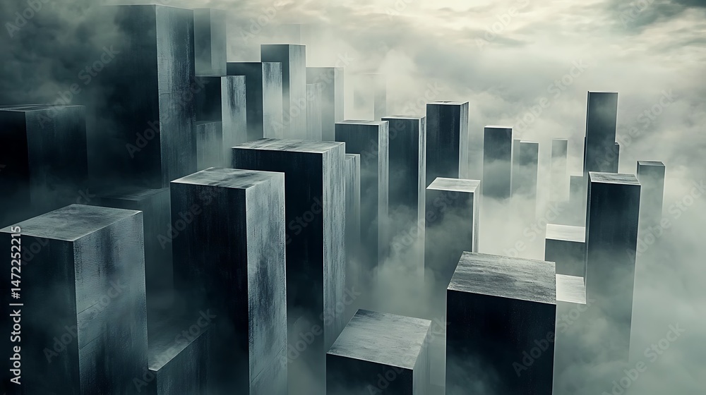 Poster abstract cityscape shrouded in mist, creating a mysterious and surreal environment