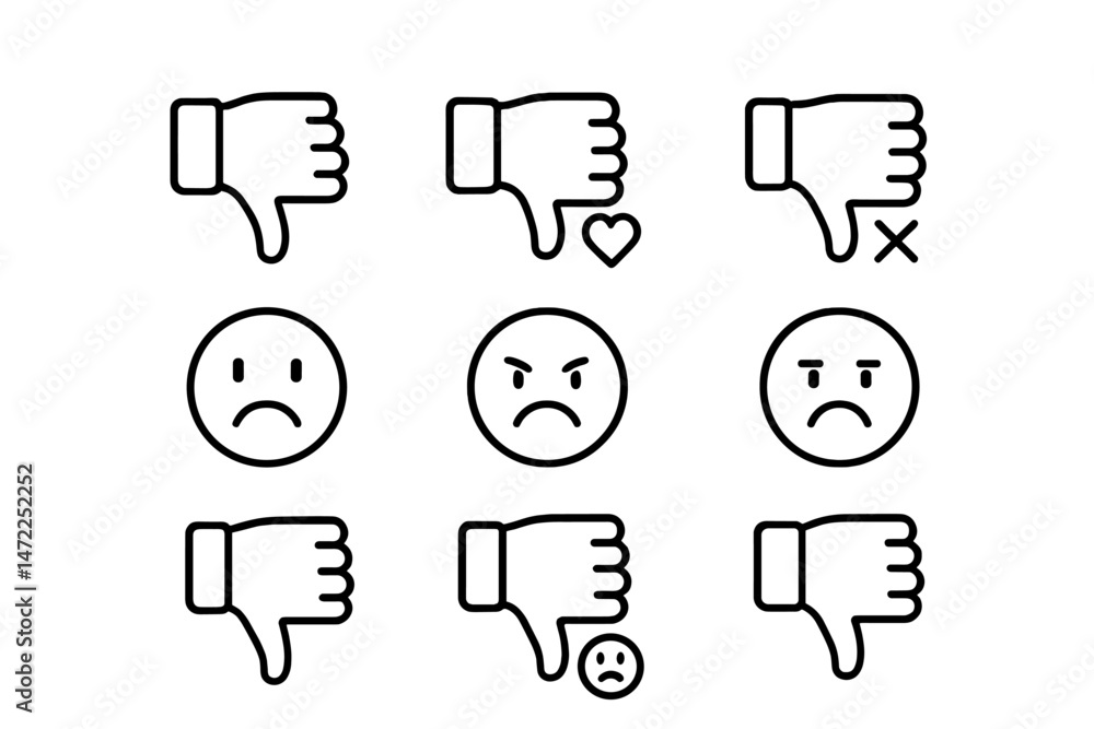 Poster collection of vector icons representing negative reactions with thumbs down and sad faces in a simpl