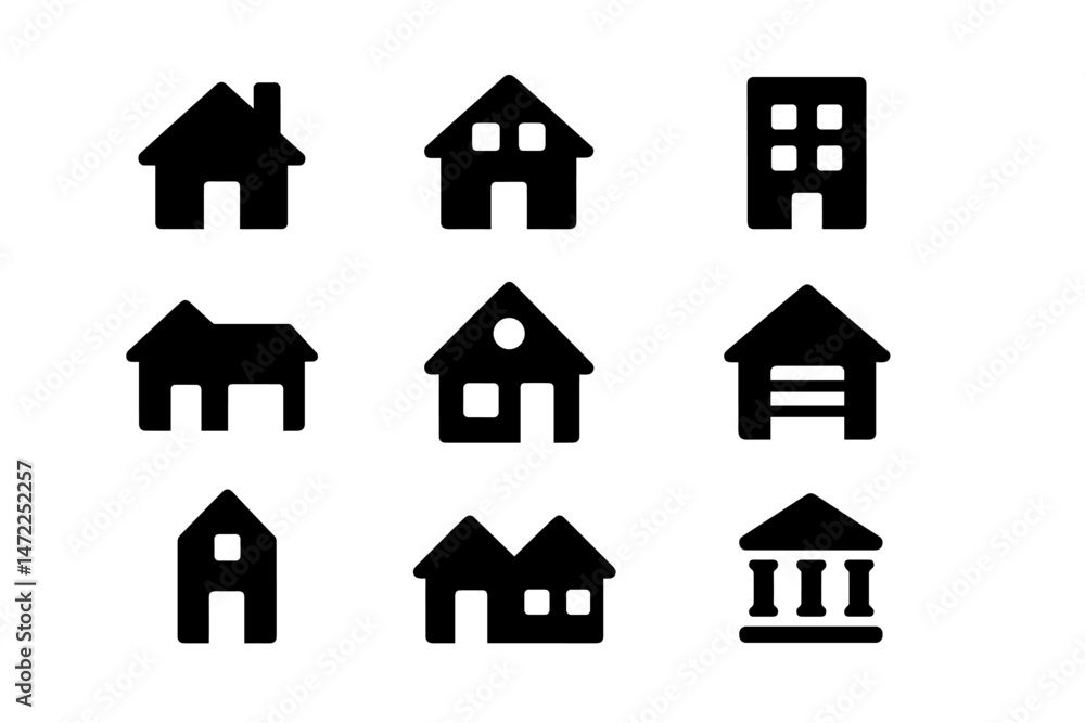 Poster diverse vector icons representing various types of houses and buildings designed in a minimalist sty