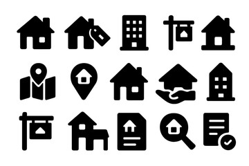 This collection features diverse vector icons related to real estate, showcasing elements like houses, buildings, maps, and documents