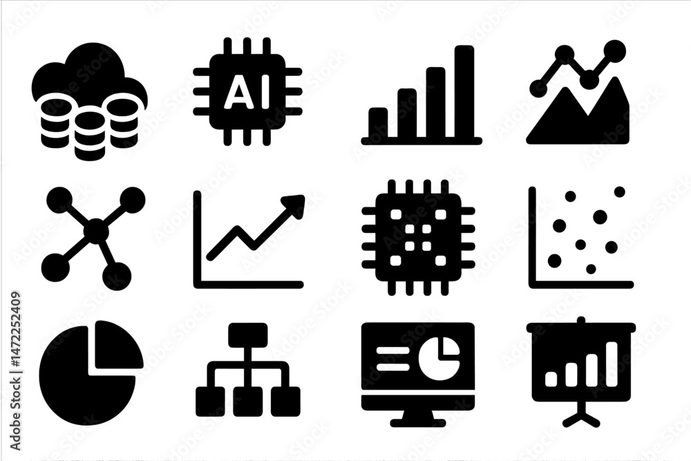 Poster vector icon set illustrating data analytics, artificial intelligence, and graphical representations 