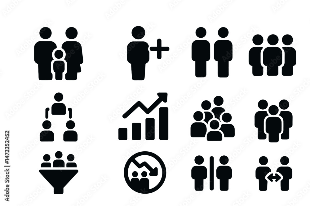 Poster vector icon set displaying various social interactions and relationships among individuals in divers