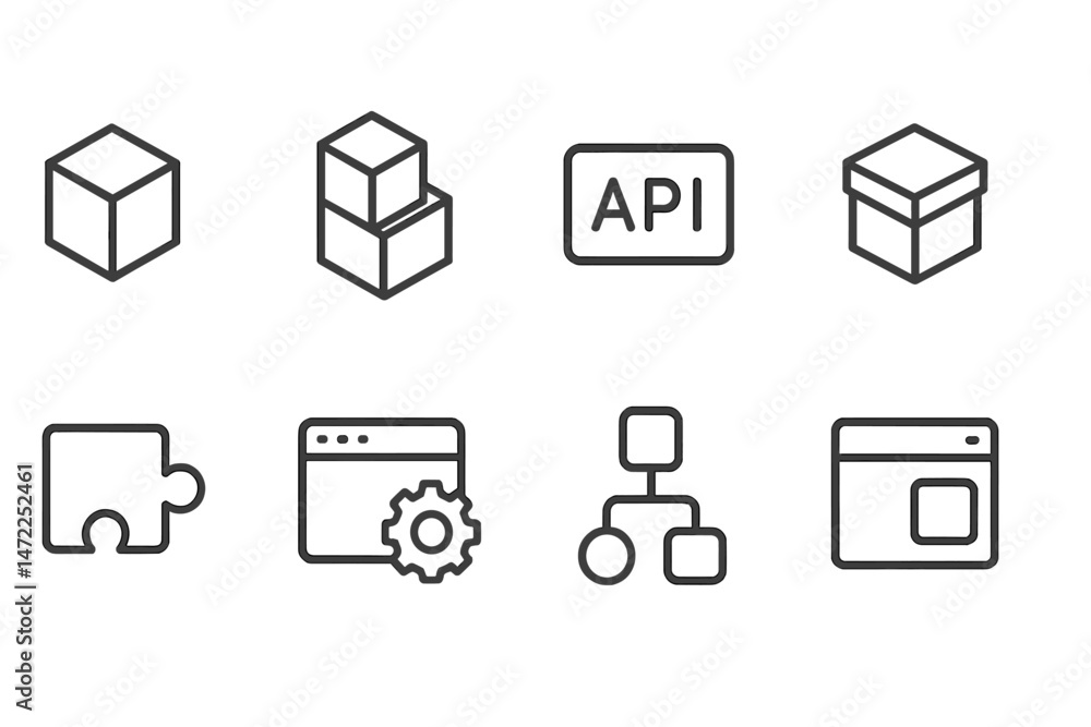 Poster vector icons representing software development tools, packaging elements, and data structures in a s