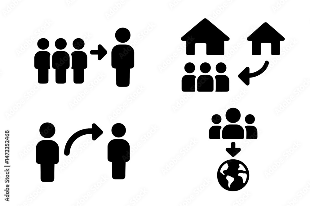 Poster vector icon set depicting various social interactions and environments involving groups of people an