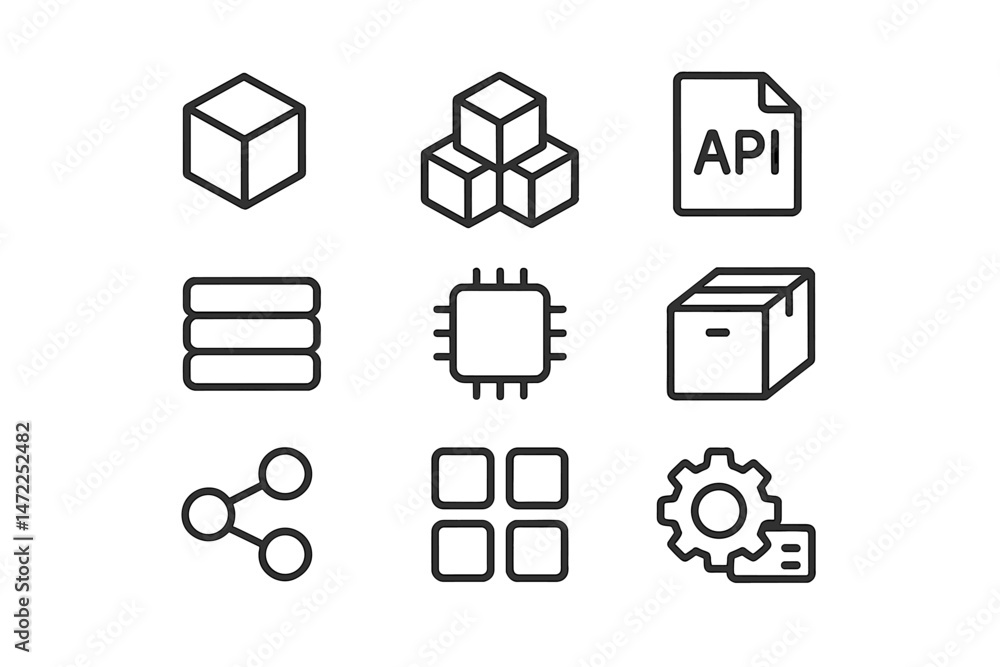 Poster vector icons depicting technology and data concepts with cubes, apis, and hardware components for di