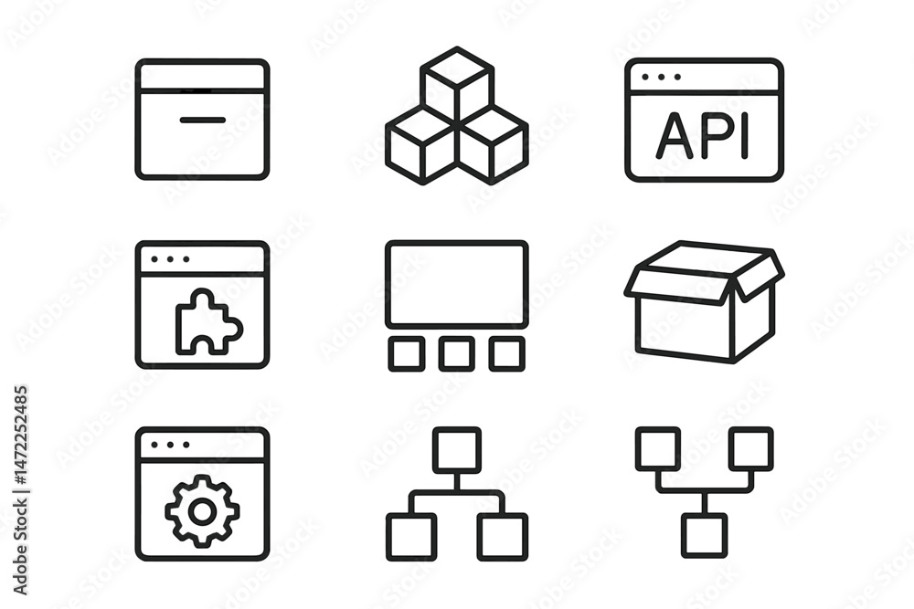 Poster modern vector icons representing technology, software development, and system architecture in a clea