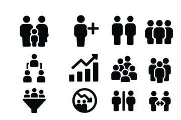 Vector icon set displaying various social interactions and relationships among individuals in diverse groupings and configurations