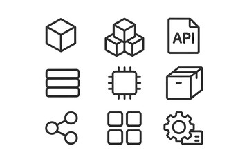 Vector icons depicting technology and data concepts with cubes, APIs, and hardware components for digital design projects