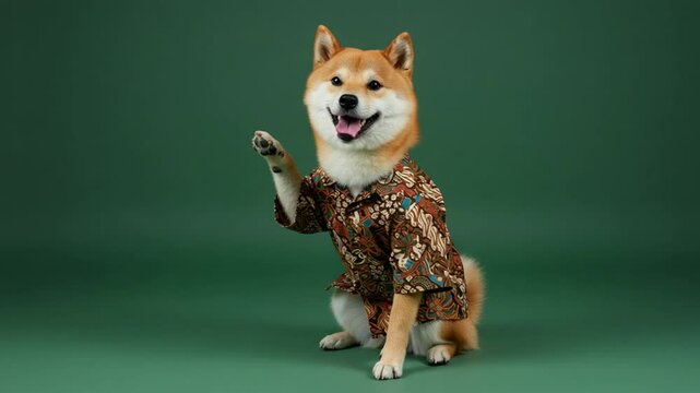 Adorable shiba inu dog posing in patterned shirt on green background