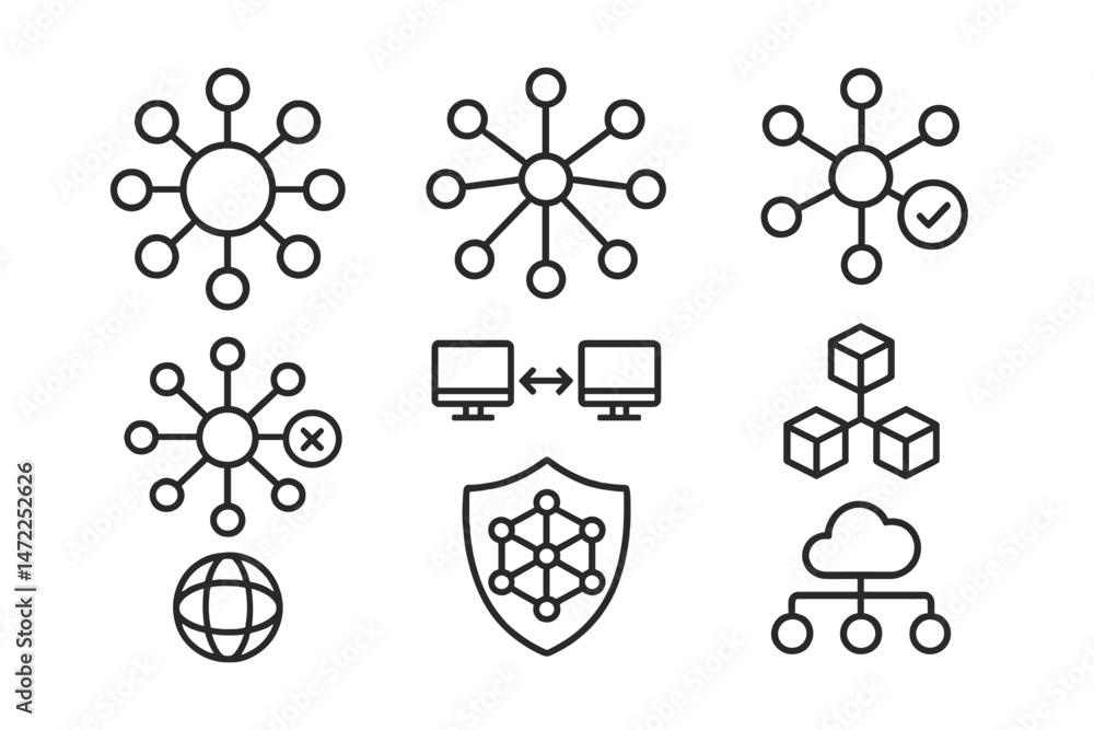 Poster vector icon set representing network connectivity, data flow, and security in modern technology envi