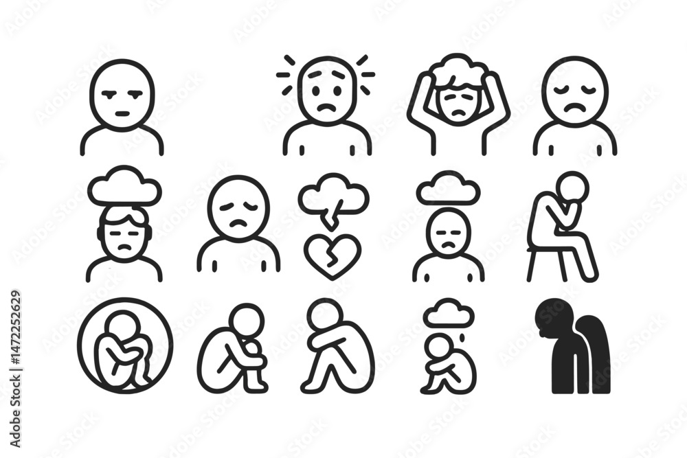 Poster collection of vector icons representing various emotions and mental states in simple line art style