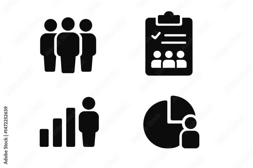Poster vector icon set representing teamwork, data analysis, and reporting in an office environment