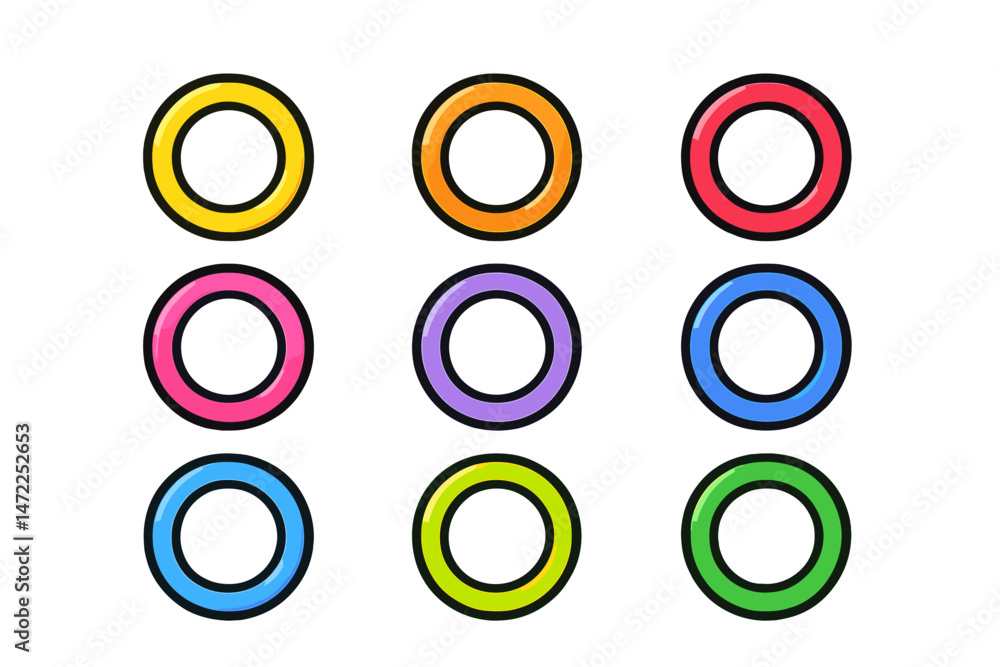 Poster colorful vector icons of circular shapes arranged in a grid pattern depicting various vibrant colors