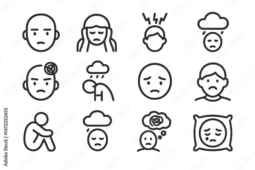 Poster vector icons depicting various emotions related to sadness and distress in a simple line design