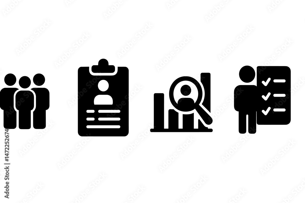 Poster vector icons representing teamwork, data analysis, and performance assessment in a professional sett