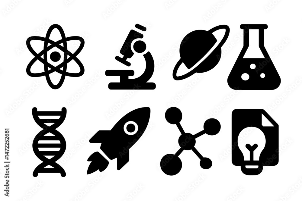 Poster vector icons representing science and technology concepts including atom, microscope, planets, and m