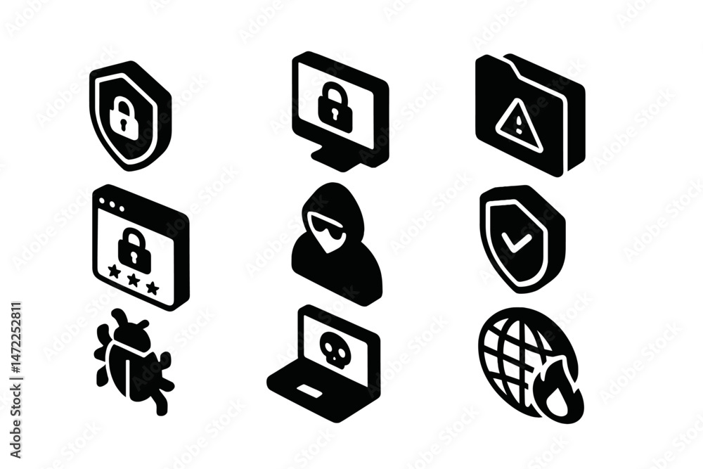 Poster vector icons representing various elements of cybersecurity and digital protection concepts