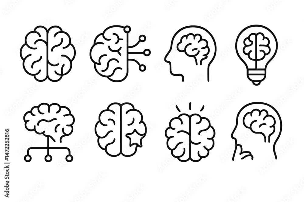 Poster collection of vector icons representing brain, thought, and intelligence concepts in a minimalist de
