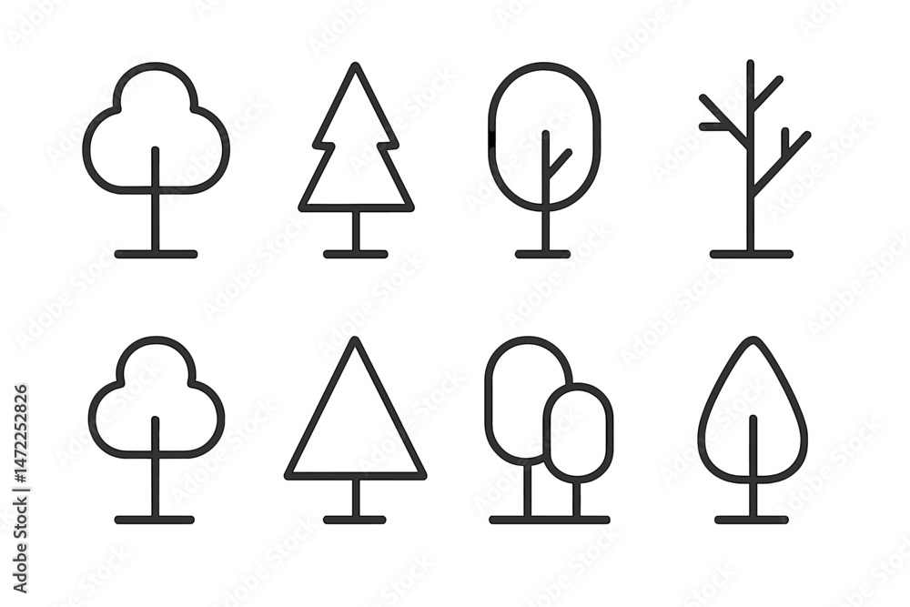 Poster vector icons of various tree types with simple outlines for design projects and environmental themes