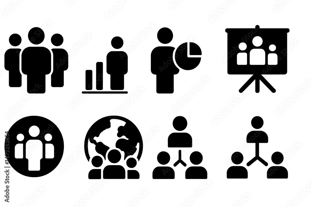 Poster diverse vector icons representing teamwork, data analysis, and global collaboration in a modern prof