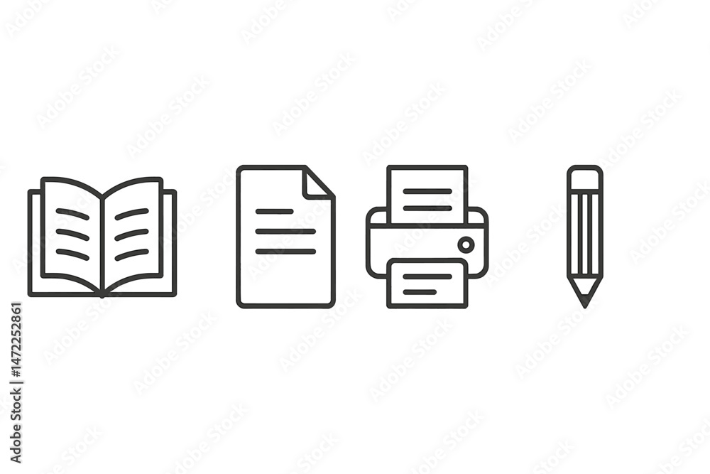 Poster vector icons depicting reading, documentation, printing, and writing tools in a minimalist style