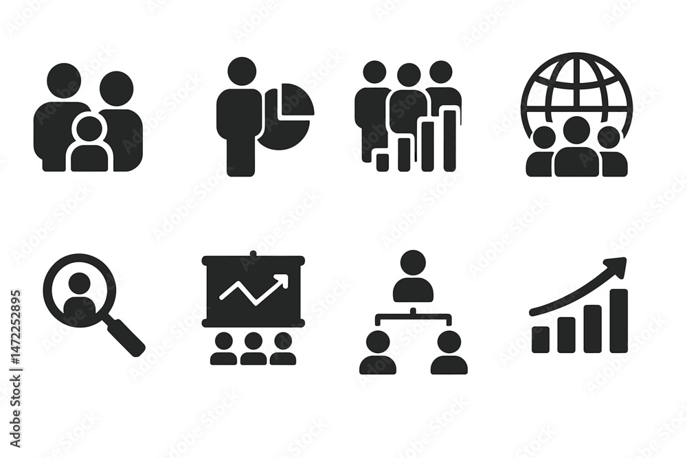 Poster vector icons representing teamwork and growth in a global context with diverse activities related to