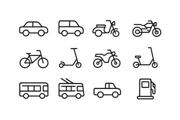Collection of vector icons representing various modes of transportation including cars, bicycles, scooters, and buses