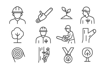 Vector icon set depicting various forestry activities, tools, and symbols related to tree maintenance and care
