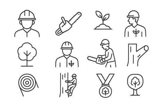 Vector icon set depicting various forestry activities, tools, and symbols related to tree maintenance and care