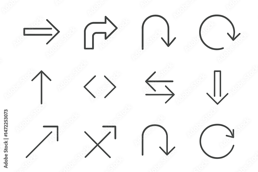 Poster collection of vector icons representing various directional arrows and symbols for navigation and or