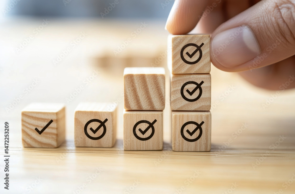 Poster hand placing wooden block with checkmark, symbolizing achievement, progress, or task completion. the