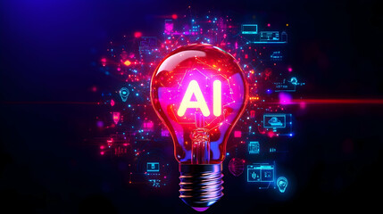 AI innovation, symbolized by a glowing lightbulb, surrounded by technology icons