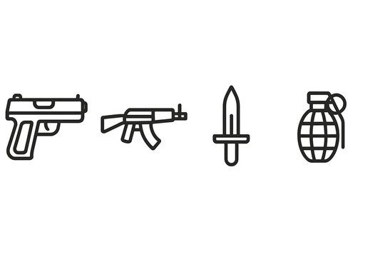 Vector icons of various weapons including a handgun, assault rifle, sword, and grenade designed in a minimalist style
