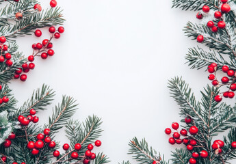 Snowy fir branches and red berries create a festive Christmas border, perfect for holiday cards or winter themed designs.  The minimalist white background offers ample space for text. : Generative AI